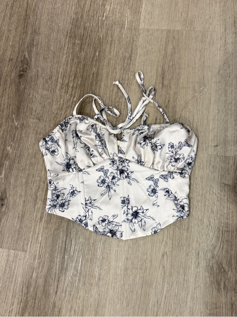 La Hearts White Floral Bustier Crop Top with Navy Print